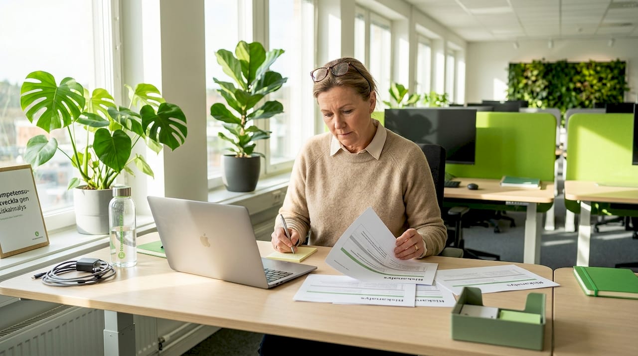 En kvinna sitter vid sitt skrivbord på kontoret och går noggrant igenom en riskanalys.