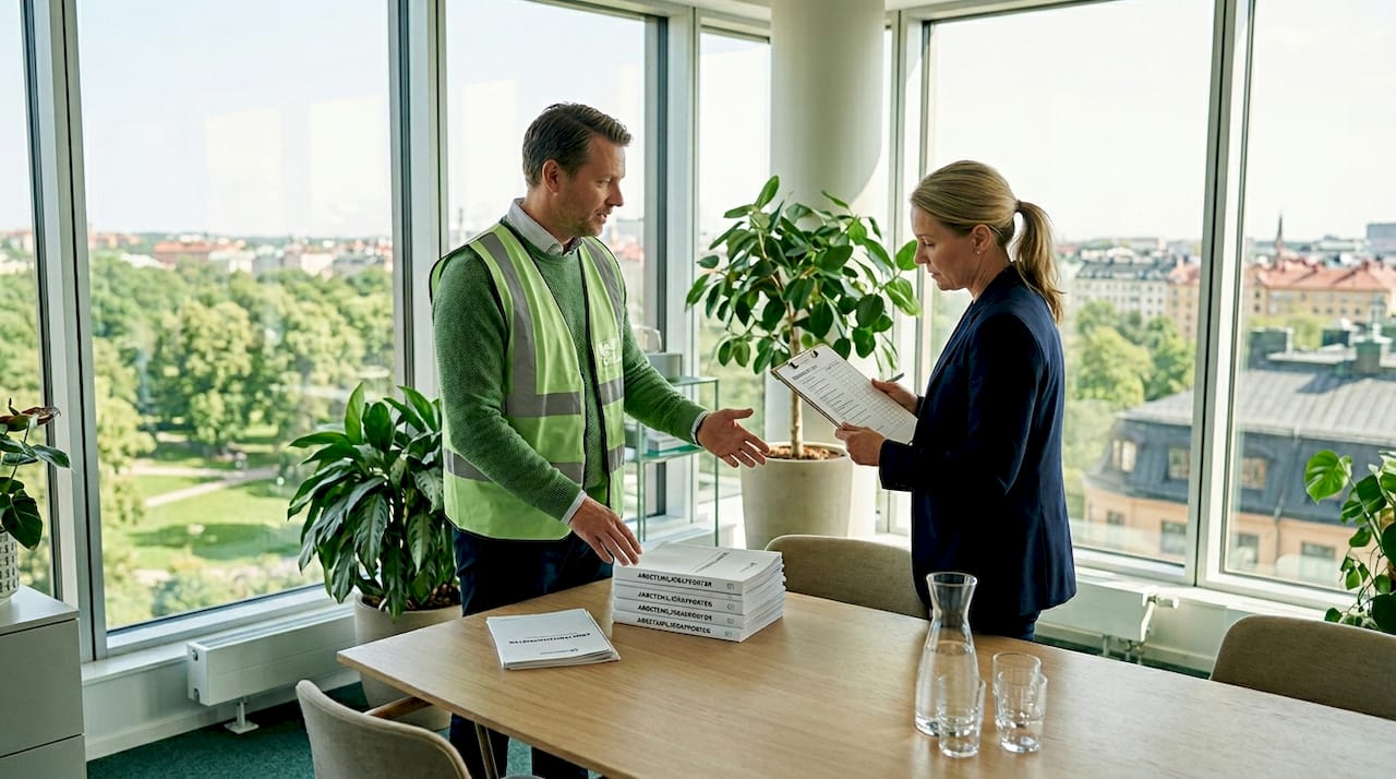 Chef och skyddsombud går igenom rapporter tillsammans på kontoret.