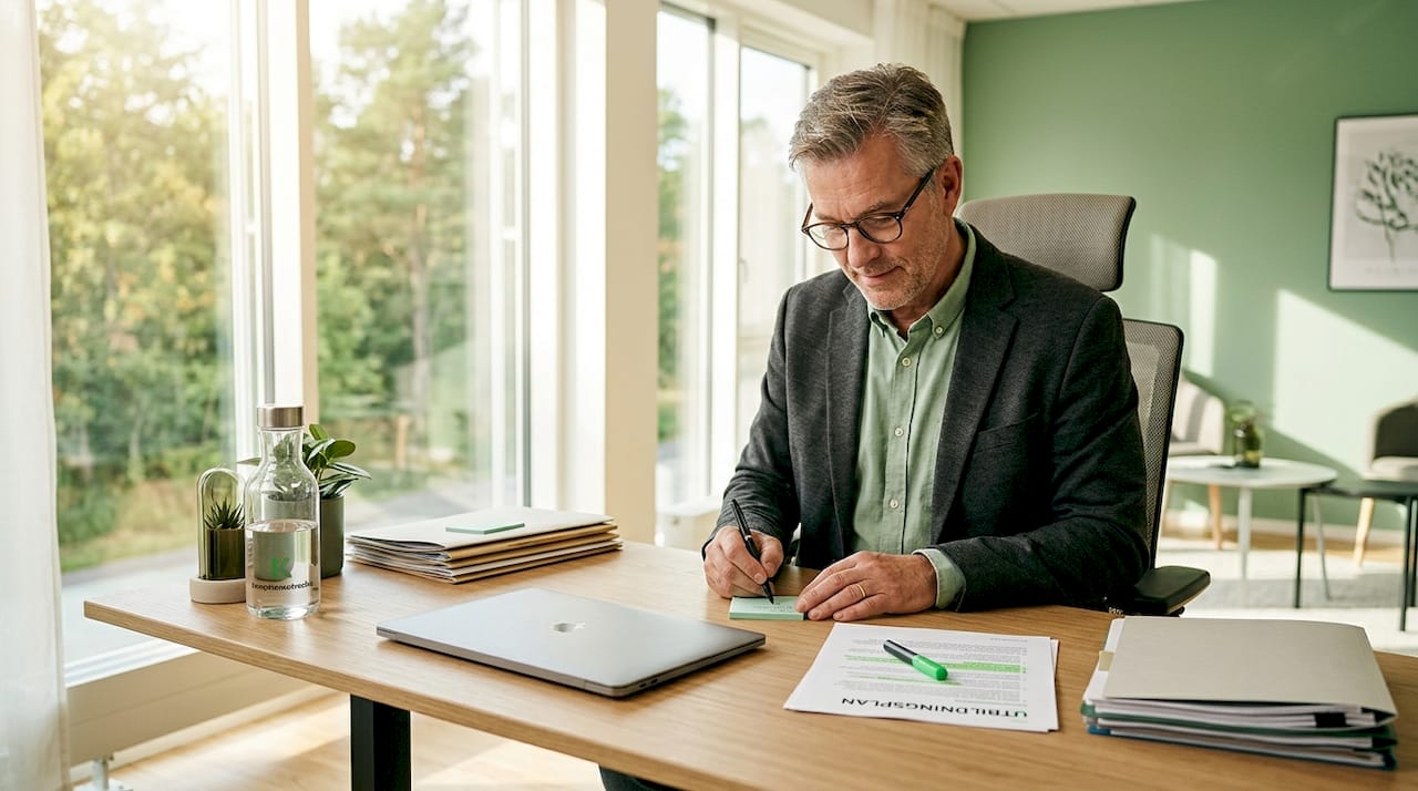 Arbetsledaren sitter vid skrivbordet och lägger upp planeringen för kommande säkerhetsutbildning.