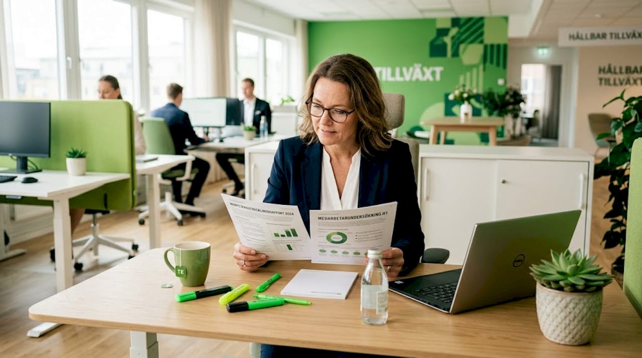 Chef granskar rapporter vid ett skrivbord inför planering av kompetensutveckling.