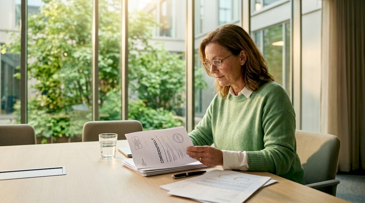 Chef går igenom konfidentiella dokument på ett kontor