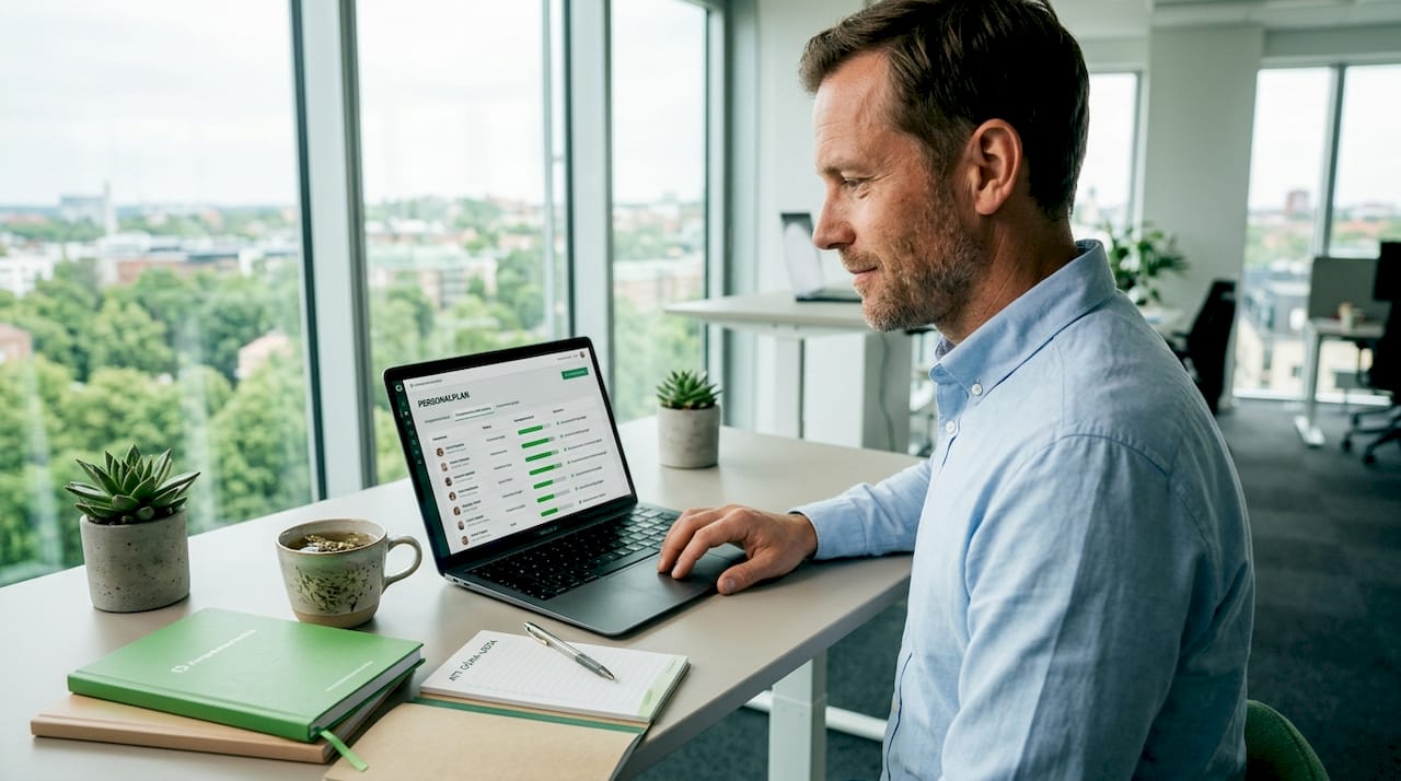 Chef planerar bemanning och arbetsbelastning vid ett skrivbord