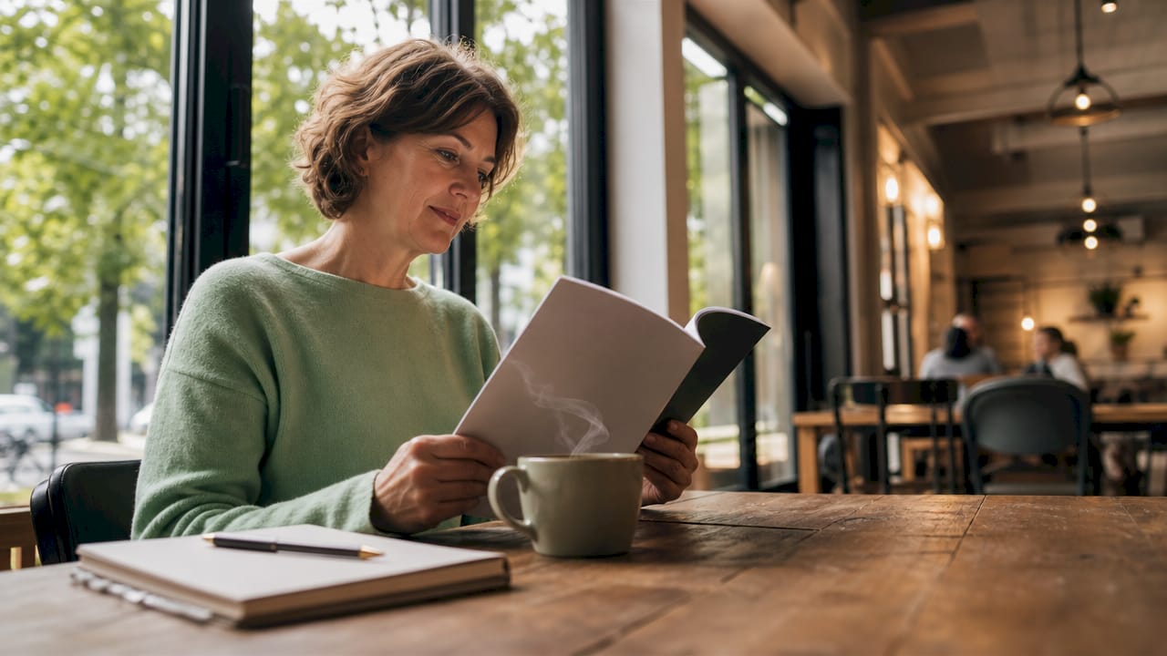 En kvinna sitter vid sitt skrivbord och fördjupar sig i vidareutbildningsmaterial.