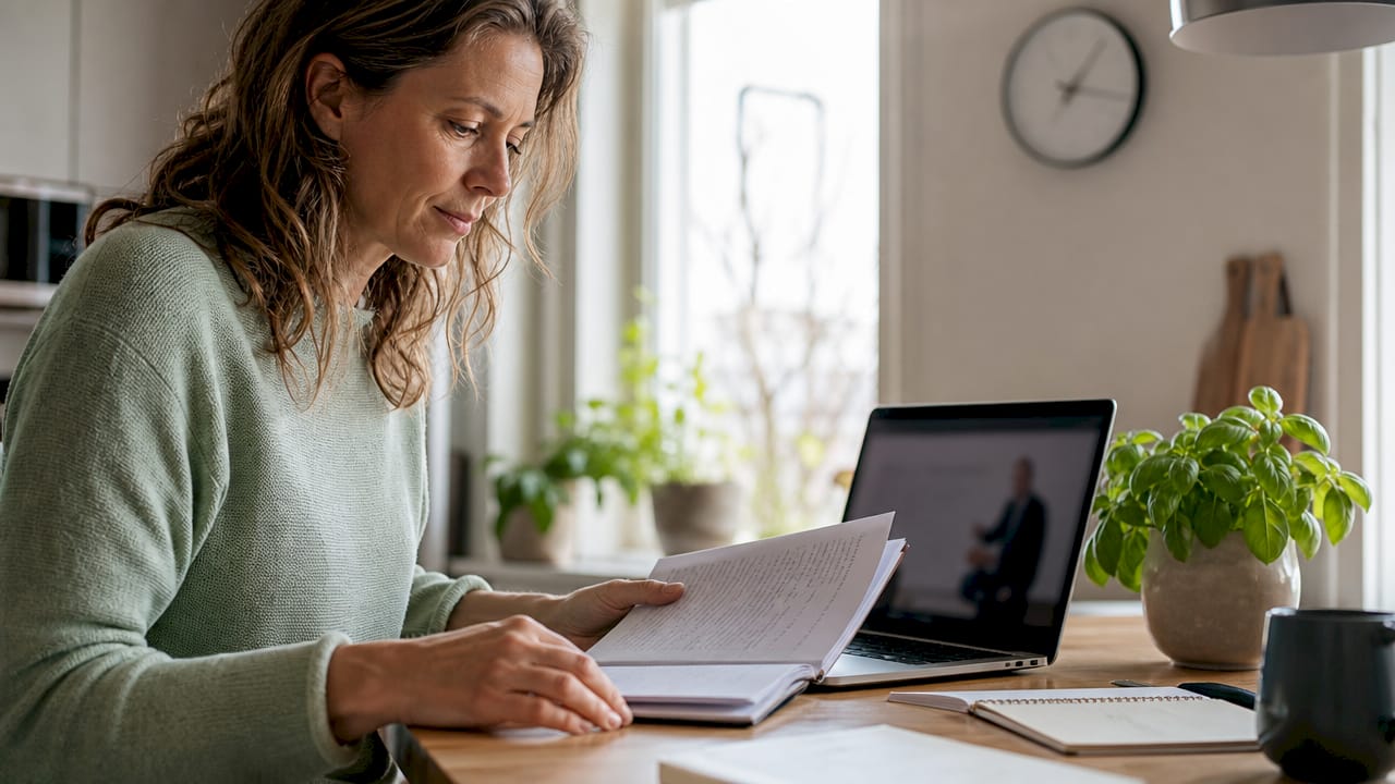 Kvinna provar en digital utbildningsplattform hemma