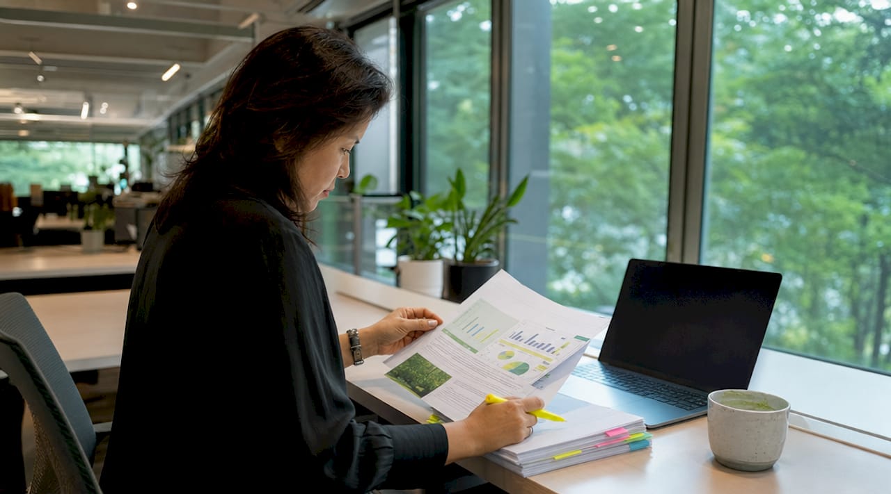En chef går igenom rapporten om arbetsmiljöindex vid sitt skrivbord på kontoret.