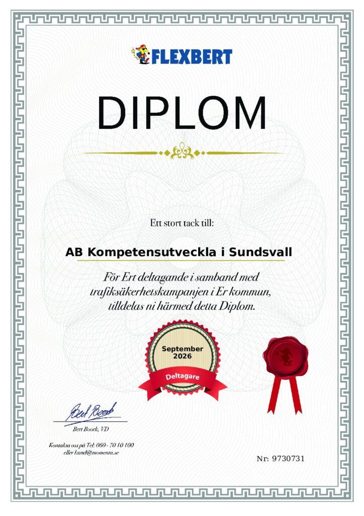 Flexbert-diplom till AB Kompetensutveckla i Sundsvall för deltagande i trafiksäkerhetskampanjen, september 2026
